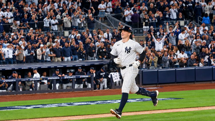 Ben Rice rounds bases after his grand slam the Yankees' 9-0 rout of the Red Sox at Yankee Stadium, New York, September 30, 2026.