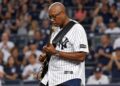 Yankees icon Bernie Williams performs the national anthem at Yankee Stadium, September 26, 2025.