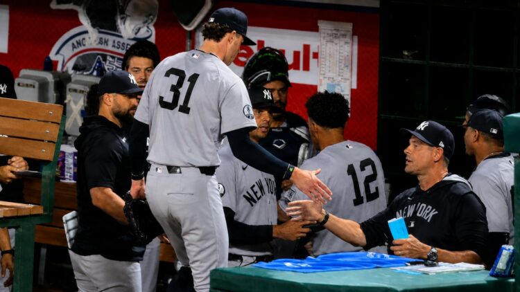 Cam Schlittler pitched eight innings to notch a record in the Yankees' 6-3 win over the Angels, Anaheim, September 2, 2026.