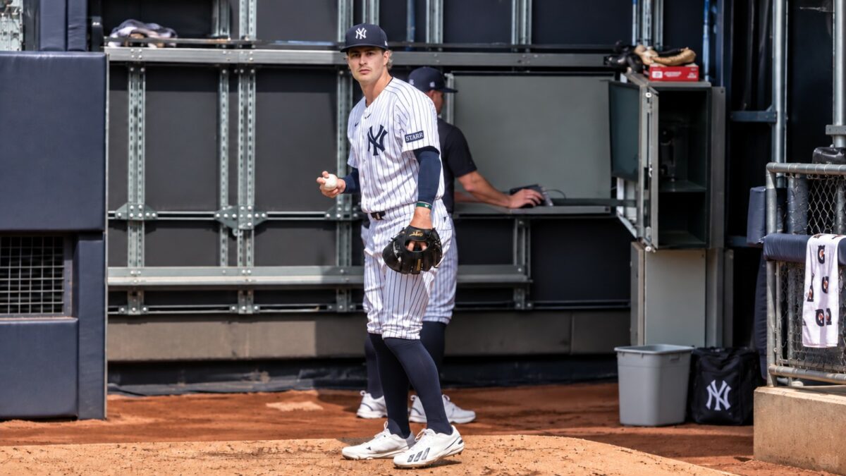Cam Schlittler pitches at the bullpen before his start in the Yankees' 2-0 win over the Mets, New York, September 13, 2026.