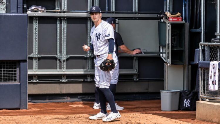 Cam Schlittler pitches at the bullpen before his start in the Yankees' 2-0 win over the Mets, New York, September 13, 2026.