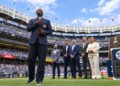 CC Sabathia speaks at his No. 52 retirement ceremony by the Yankees at Yankee Stadium, New York, September 25, 2026.