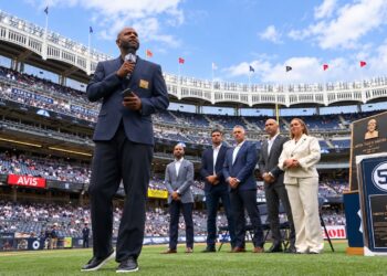 CC Sabathia speaks at his No. 52 retirement ceremony by the Yankees at Yankee Stadium, New York, September 25, 2026.