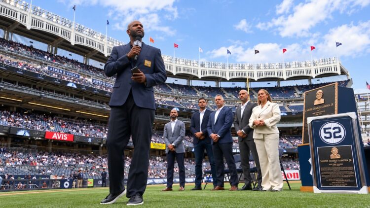CC Sabathia speaks at his No. 52 retirement ceremony by the Yankees at Yankee Stadium, New York, September 25, 2026.