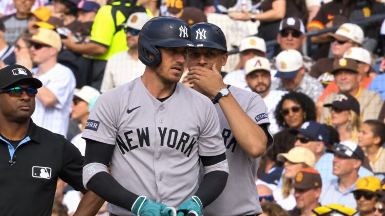 Cody Bellinger talks to first-base coach in the Yankees' 4-3 loss to the Padres, San Diego, September 6, 2026.