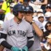 Cody Bellinger talks to first-base coach in the Yankees' 4-3 loss to the Padres, San Diego, September 6, 2026.