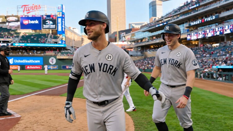 Cody Bellinger celebrates it with Ben Rice after his home run in the Yankees' 8-3 win over the Twins, Minnesota, September 14, 2026.