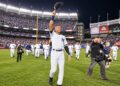 Derek Jeter leads the Yankees after the final game at The Old Yankee Stadium, September 21, 2008.