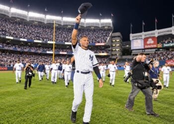 Derek Jeter leads the Yankees after the final game at The Old Yankee Stadium, September 21, 2008.