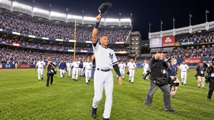Derek Jeter leads the Yankees after the final game at The Old Yankee Stadium, September 21, 2008.