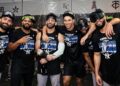 Luis Garcia, George Lombard, Jose Caballero, Heliot Ramos and Ali Sanchez were at the clincher party after the Yankees' 8-3 win over the Twins, Minnesota, September 14, 2026.