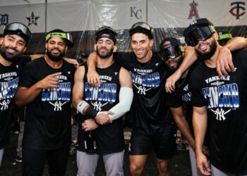 Luis Garcia, George Lombard, Jose Caballero, Heliot Ramos and Ali Sanchez were at the clincher party after the Yankees' 8-3 win over the Twins, Minnesota, September 14, 2026.