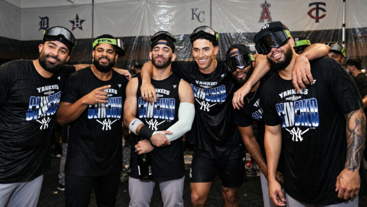 Luis Garcia, George Lombard, Jose Caballero, Heliot Ramos and Ali Sanchez were at the clincher party after the Yankees' 8-3 win over the Twins, Minnesota, September 14, 2026.