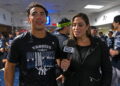 George Lombard Jr. talks to Meredith Marakovits at the clincher party after the Yankees' 8-3 win over the Twins, Minnesota, September 14, 2026.