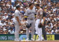George Lombard Jr. talks to Manny Machado during the Yankees' 4-3 loss to the Padres, San Diego, September 6, 2026.