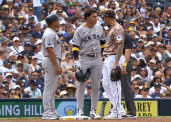 George Lombard Jr. talks to Manny Machado during the Yankees' 4-3 loss to the Padres, San Diego, September 6, 2026.