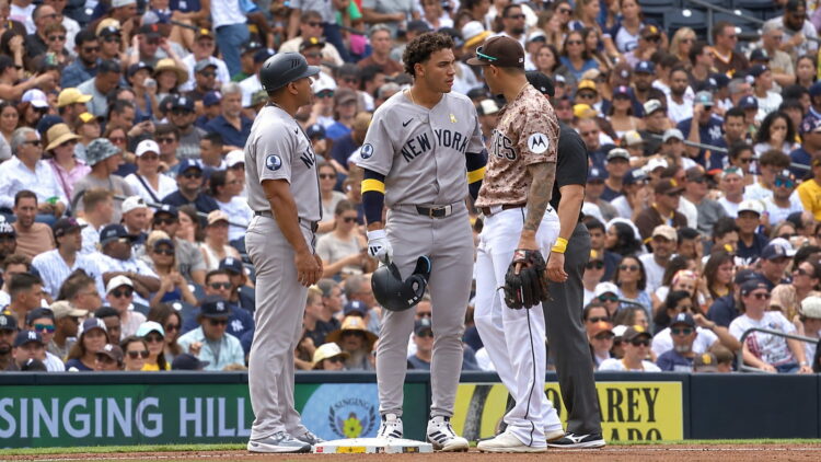 George Lombard Jr. talks to Manny Machado during the Yankees' 4-3 loss to the Padres, San Diego, September 6, 2026.