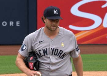 Gerrit Cole reacts after giving up third home runs in the first inning in the Yankees' 4-3 loss to the Padres, San Diego, September 6, 2026.