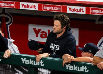 Gerrit Cole watches from the dugout during the Yankees' 6-3 win over the Angels, Anaheim, September 2, 2026.