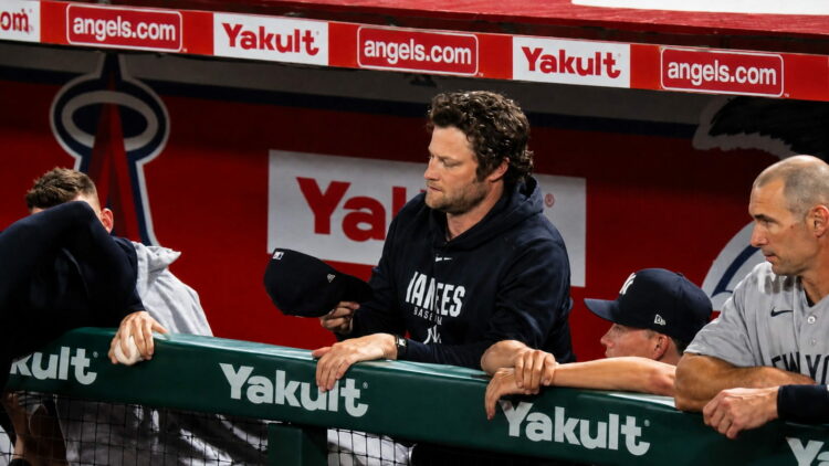 Gerrit Cole watches from the dugout during the Yankees' 6-3 win over the Angels, Anaheim, September 2, 2026.