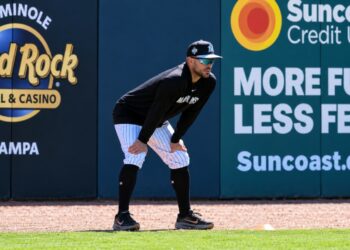 Giancarlo Stanton runs at Yankee Stadium, New York, September 22, 2026.