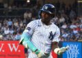 Jazz Chisholm Jr. reacts after a hit in the Yankees' win over the Orioles, New York, September 25, 2026.