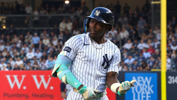 Jazz Chisholm Jr. reacts after a hit in the Yankees' win over the Orioles, New York, September 25, 2026.