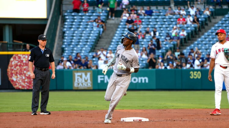 Jazz Chisholm Jr. rounds bases after his 3-run homer in the Yankees' 7-3 win over the Angels, Anaheim, September 1, 2026.