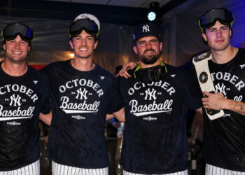 Cam Schlittler, Carlos Rodon, Gerrit Cole, and Max Fried were at the clincher party after the Yankees' 8-3 win over the Twins, Minnesota, September 14, 2026.