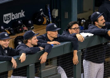 Cam Schlittler, Clarke Schimdt, Will Warren, and Austin Wells were in the dugout during the Yankees' 8-1 win over the Twins, Minnesota, September 15, 2026.