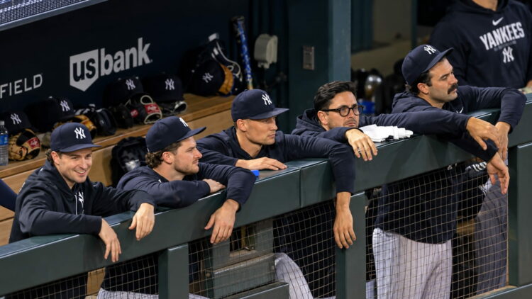 Cam Schlittler, Clarke Schimdt, Will Warren, and Austin Wells were in the dugout during the Yankees' 8-1 win over the Twins, Minnesota, September 15, 2026.