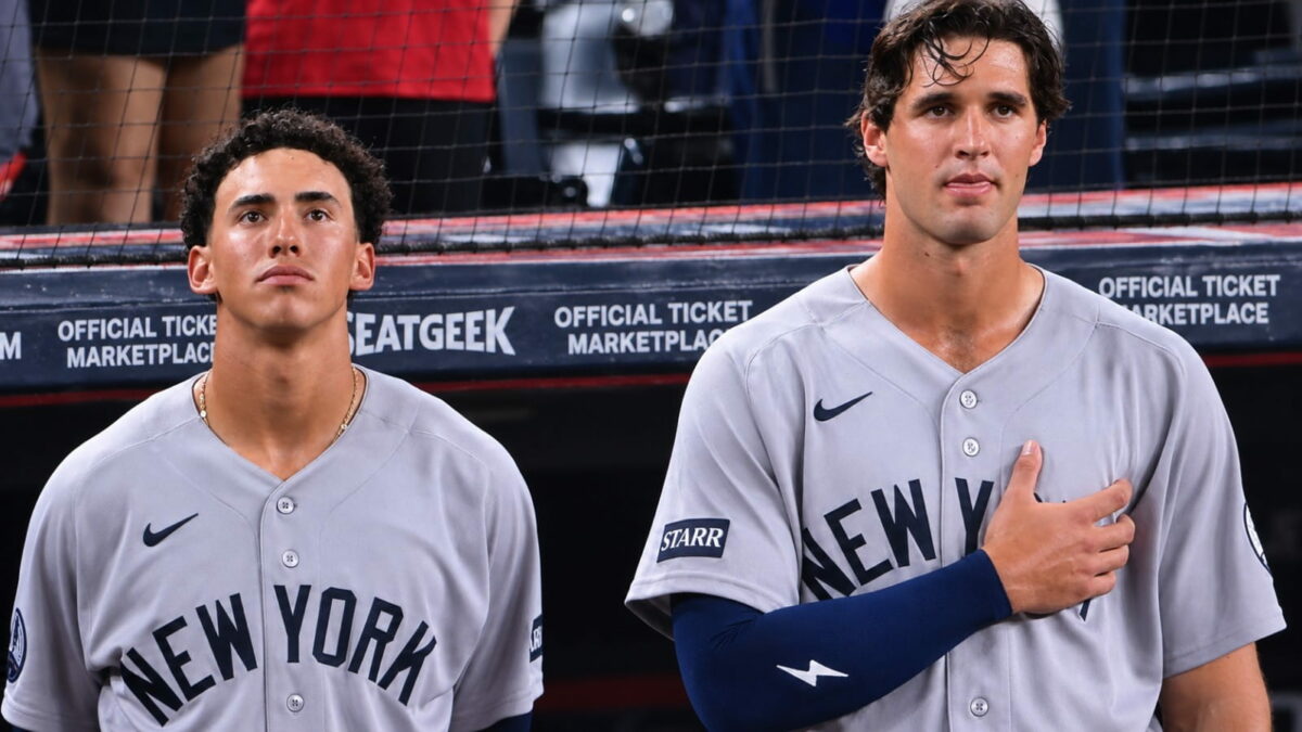 George Lombard Jr. and Spencer Jones sing national anthem at Chase Field before the Yankees' 9-2 win over the Diamondbacks in Phoenix, Arizona, September 18, 2026.