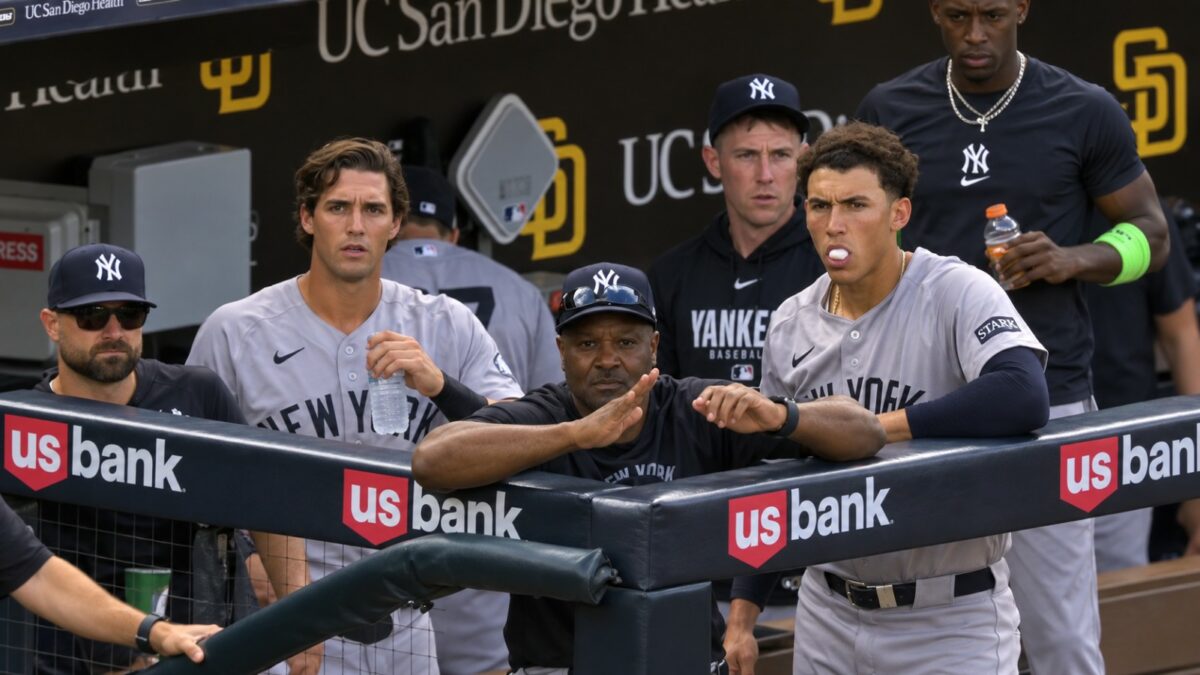 Spencer Jones and George Lombard Jr. in the dugout during the Yankees' 5-1 win over the Padres, San Diego, September 5, 2026.