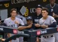 Spencer Jones and George Lombard Jr. in the dugout during the Yankees' 5-1 win over the Padres, San Diego, September 5, 2026.