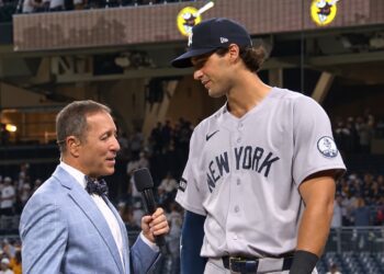 Spencer Jones talks to Ken Rosenthal after the Yankees' 5-1 win over the Padres, San Diego, September 5, 2026.
