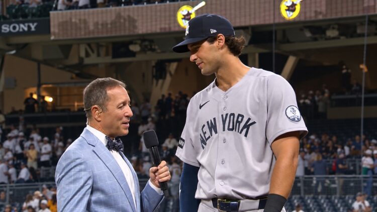 Spencer Jones talks to Ken Rosenthal after the Yankees' 5-1 win over the Padres, San Diego, September 5, 2026.