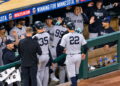 The dugout erupts over Aaron Judge's home run in the Yankees' 8-3 win over the Twins, Minnesota, September 14, 2026.