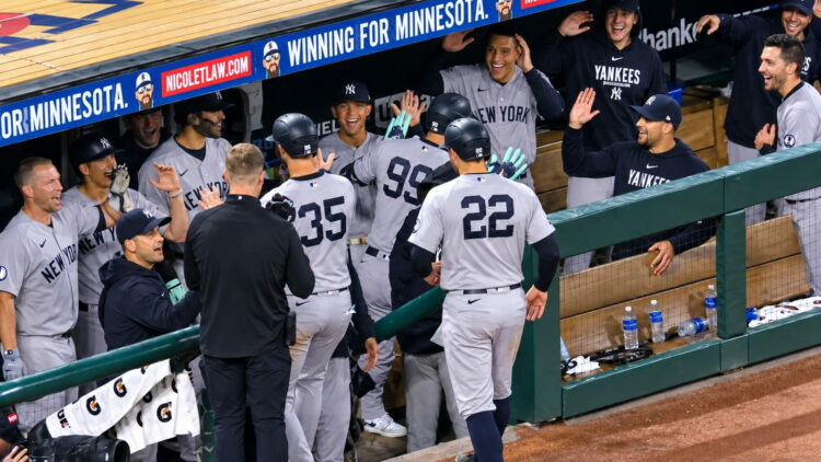 The dugout erupts over Aaron Judge's home run in the Yankees' 8-3 win over the Twins, Minnesota, September 14, 2026.