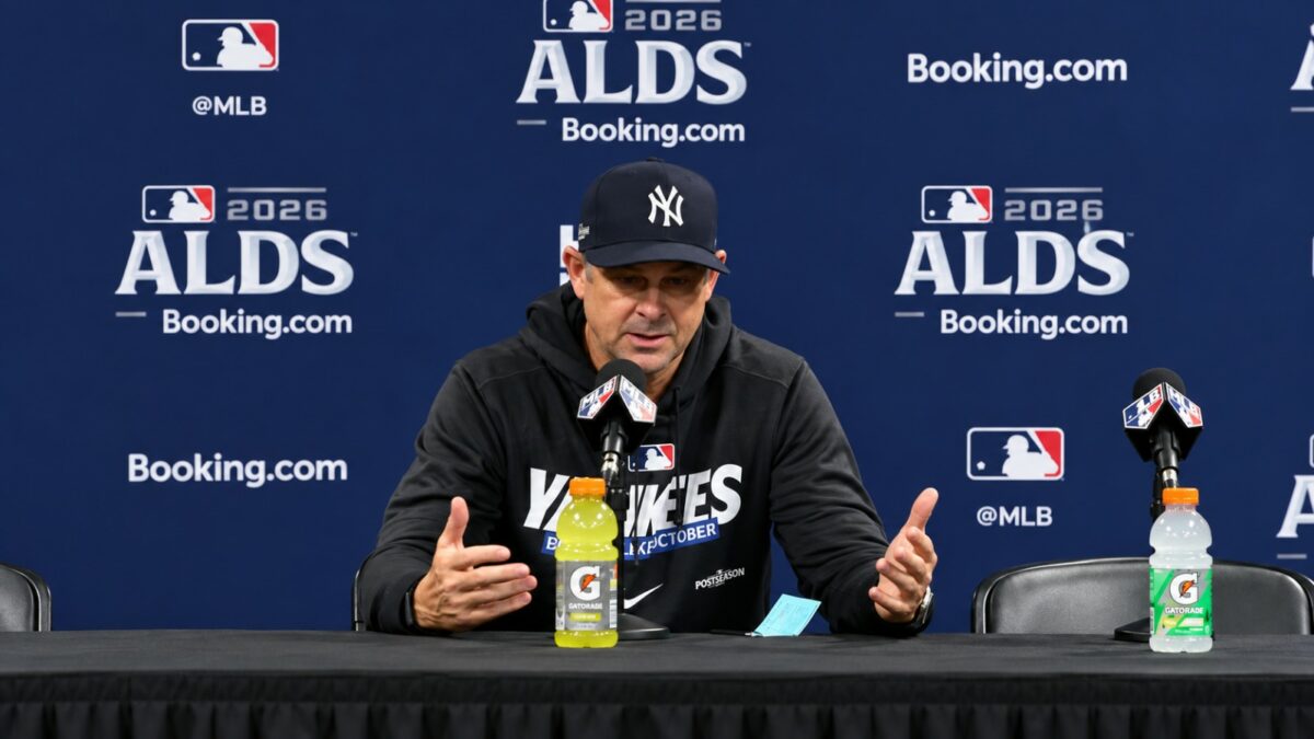 Aaron Boone talks to reporters after the Yankees' 5-2 ALDS loss to the Rays, Tampa, October 5, 2026.
