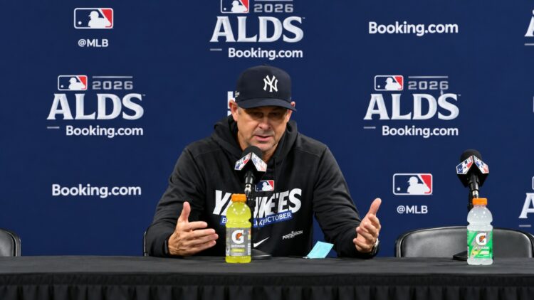 Aaron Boone talks to reporters after the Yankees' 5-2 ALDS loss to the Rays, Tampa, October 5, 2026.
