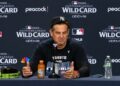 Aaron Boone talks to reporters after the Yankees' 9-2 rout of the Red Sox at Yankee Stadium, New York, September 30, 2026.