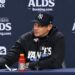 Aaron Boone talks to reporters after the Yankees' 4-3 ALDS loss to the Rays, New York, October 7, 2026.