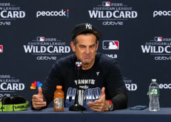 Aaron Boone talks to reporters after the Yankees' 9-2 rout of the Red Sox at Yankee Stadium, New York, September 30, 2026.