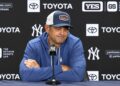 Yankees manager Aaron Boone speaks to reporters on Oct. 21, 2026.