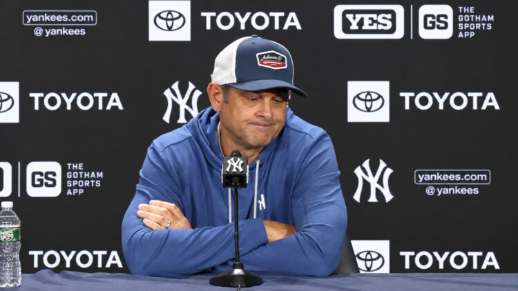 Yankees manager Aaron Boone speaks to reporters on Oct. 21, 2026.