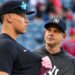 Yankees' manager Aaron Boone and aaron judge. Aug. 2025.