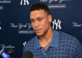 Aaron Judge talks to reporters after the Yankees' 4-3 ALDS loss to the Rays, New York, October 7, 2026.