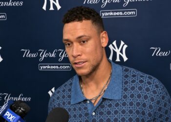 Aaron Judge talks to reporters after the Yankees' 4-3 ALDS loss to the Rays, New York, October 7, 2026.