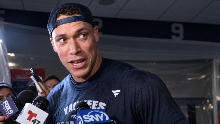 Aaron Judge speaks after the Yankees' 9-2 rout of the Red Sox at Yankee Stadium, New York, September 30, 2026.