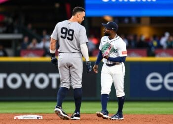 New York Yankees right fielder Aaron Judge (99) and Seattle Mariners left fielder Randy Arozarena (56) talk during the sixth inning at T-Mobile Park during Monday’s game.